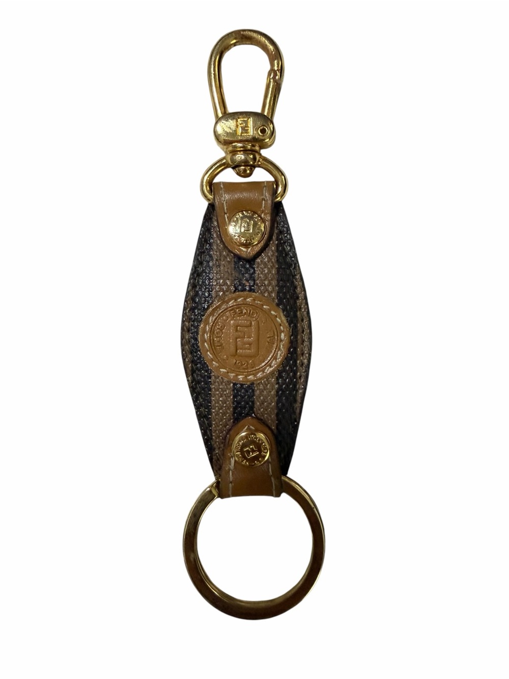 Fendi Brown & Black Leather Stripe Key Holder with Gold Hardware